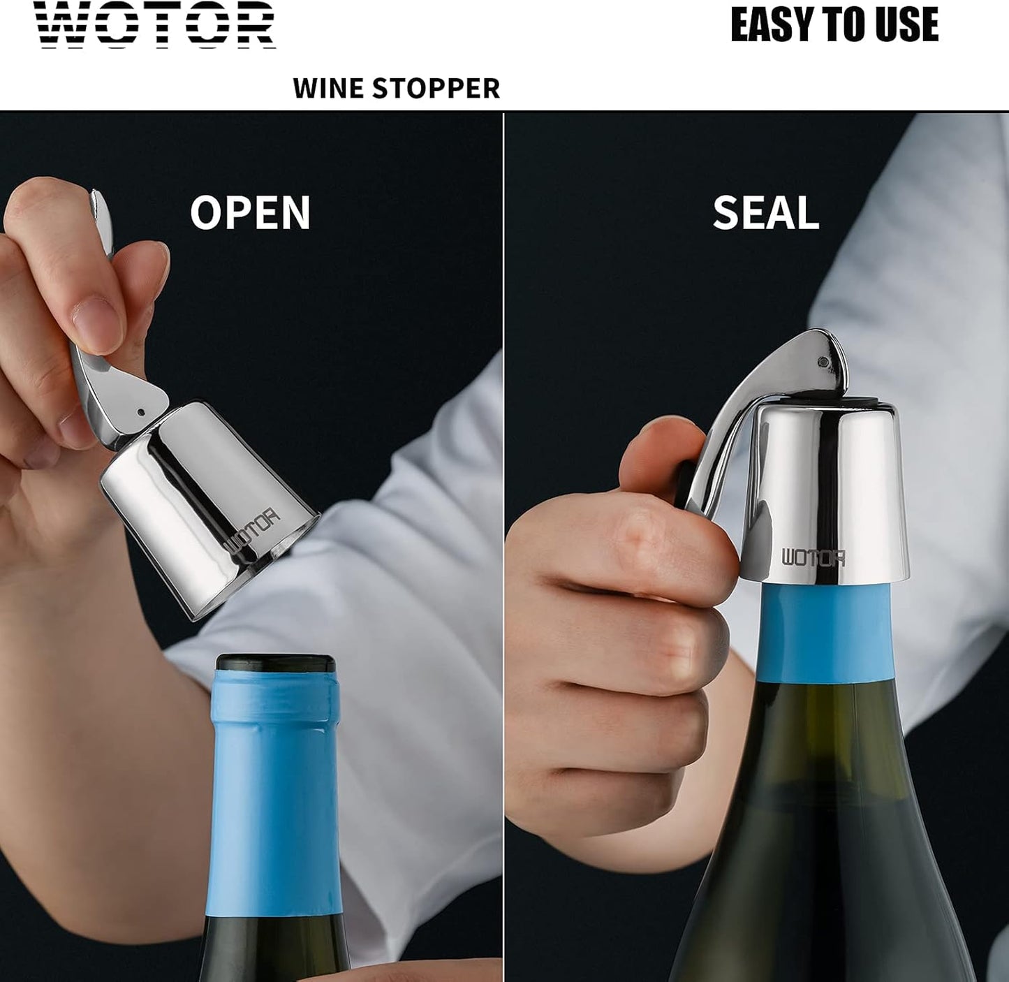 WOTOR Wine Stoppers Stainless Steel Wine Bottle stopper Plug with Silicone Reusable Wine Saver Leak proof Keep Fresh Silver 6 pack