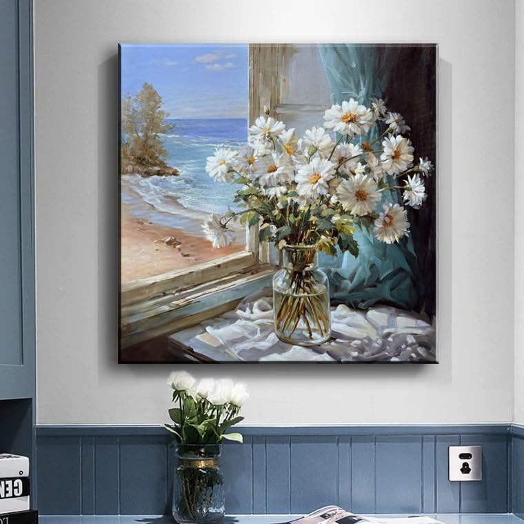 Bathroom Wall Decor White Flowers Canvas Wall Art Print Blue Beach Picture Ocean Modern Poster Coastal Seascape Painting Floral Daisy Artwork for Office Bedroom 20"x20"