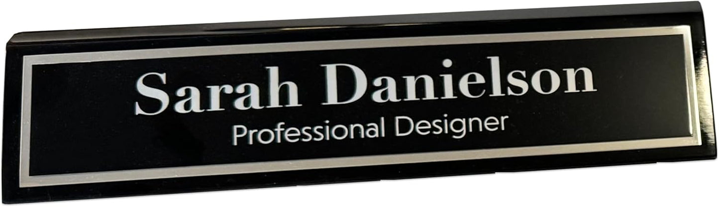 Custom Desk Wedge Name Plate - Personalized Titles and Styles (2x8 Inch, Black Piano Finish w/Name Plate)