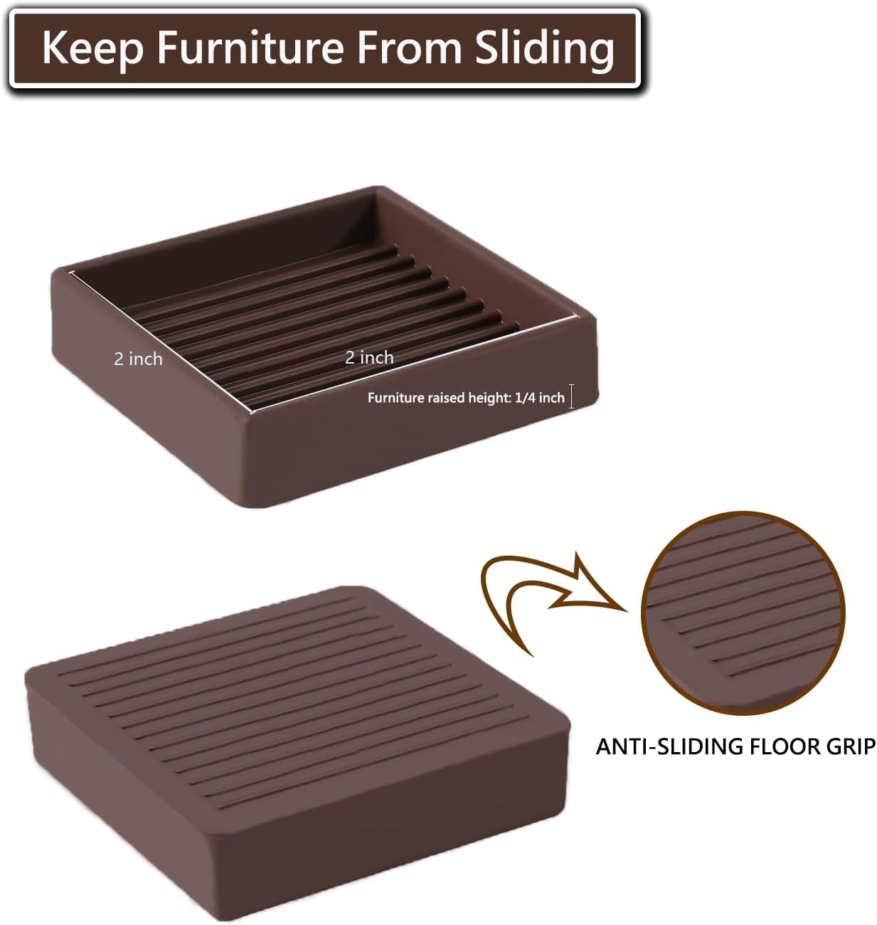 2x2 Square Rubber Furniture Caster Cups, Anti-Sliding Furniture Pads Bed Stopper Floor Protectors with Grip - Protect Any Flooring