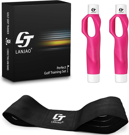 Golf Grip Trainer 2 Pack with Swing Correcting Arm Band, Golf Training Aid, Golf Grip Kit,Grip Trainer Golf Club to Help Train Correct Hand Position