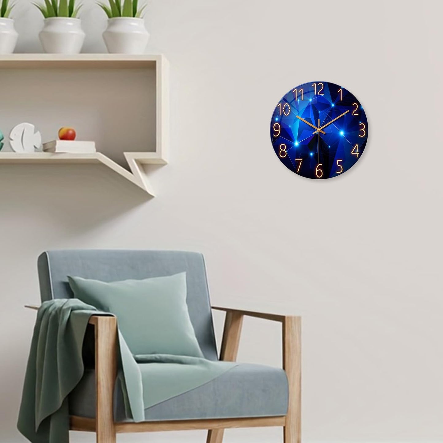 Blue Wall Clock Battery Operated 16 Inch Analog Glass Wall Clock Non Ticking Large Wall Clocks for Living Room Decor