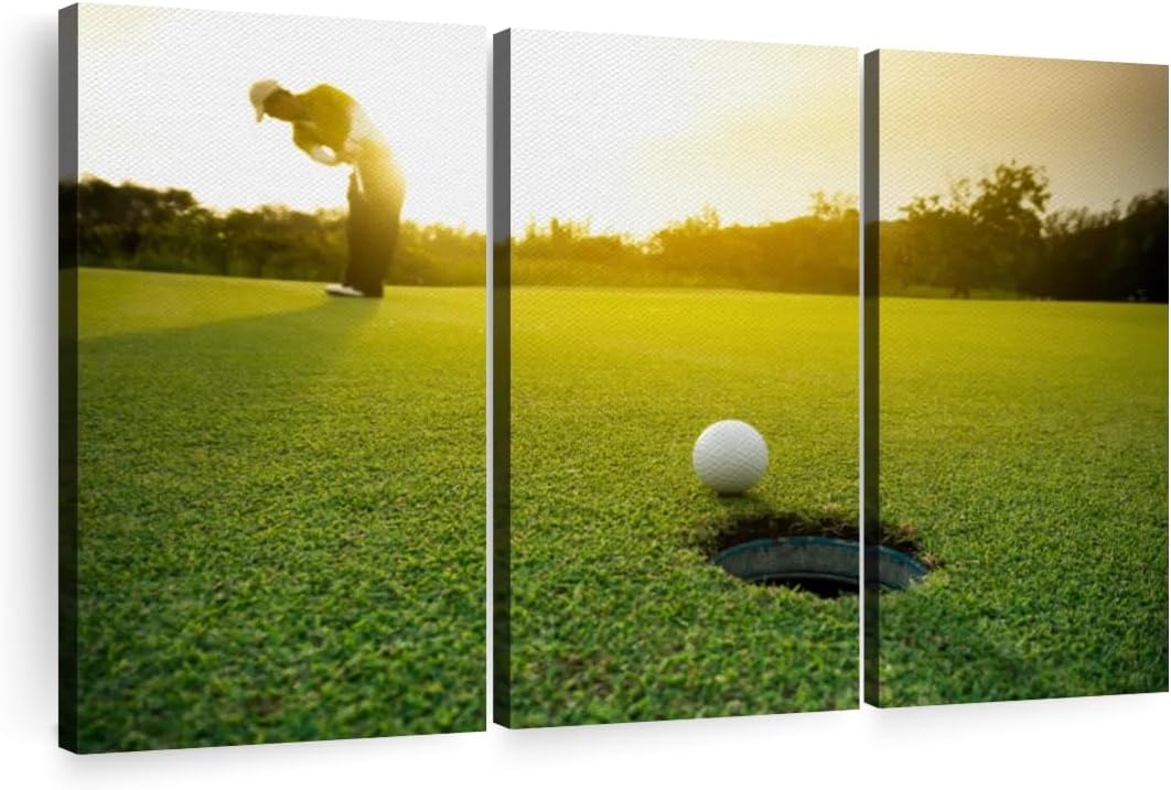 ElephantStock Golf Ball Strike Wall Art - Horizontal Canvas - 3-Piece Living Room Wall Decor - Photography Sports Canvas Print - Green and White Decor for Wall - 50" X 32"