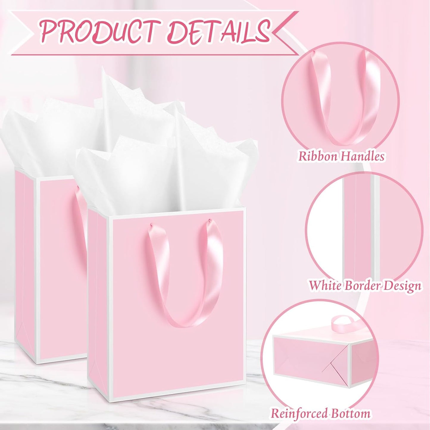 Yeaqee 24 Pack Metallic Paper Gift Bags with Handle and Tissue 9x7x3.1 Gold Foil Welcome Favor Bags Return Gifts for Wedding Fall 5 Senses Christmas Bridesmaid Birthday(Pink and White)
