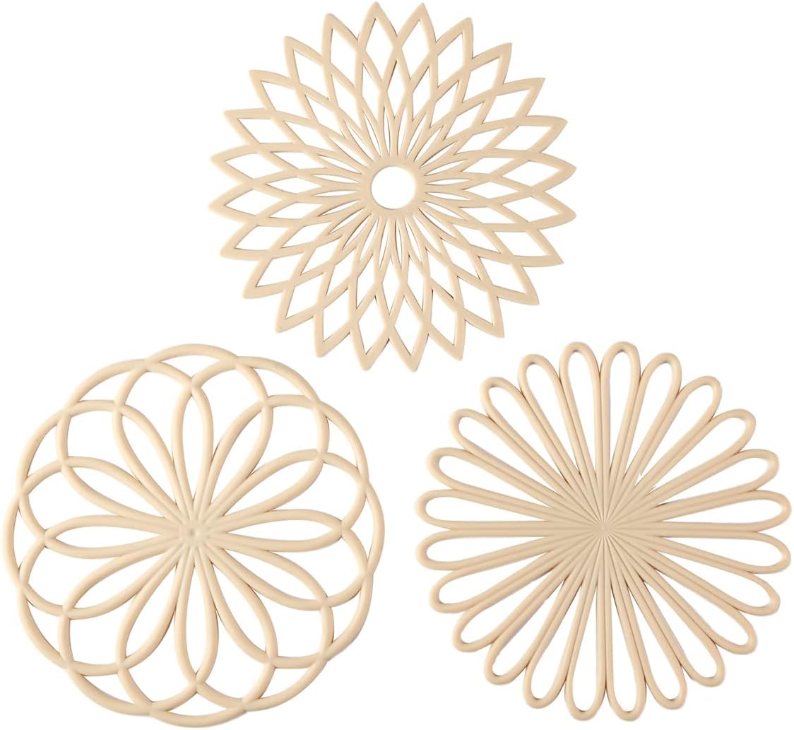 Set of 3 Silicone Trivet Mat - Table & Countertop Hot Pads - Non-Slip & Heat Resistant Modern Kitchen Pads for Pots & Pans, Beige