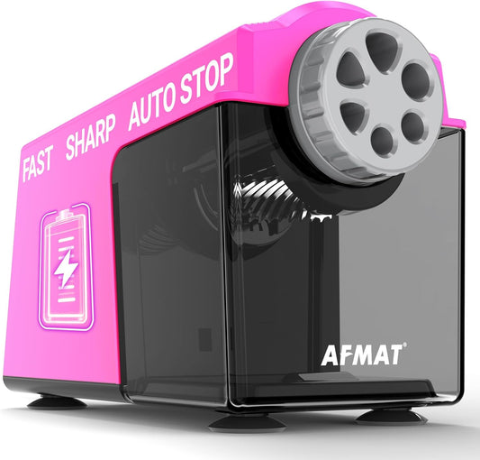 AFMAT PSD4 Electric Pencil Sharpener Heavy Duty, 6 Holes, Cordless & Rechargeable, Super Fast, Auto Stop, 10K+ Uses, Classroom Pencil Sharpener for 6-11mm No.2/Large/Colored Pencils, Pink