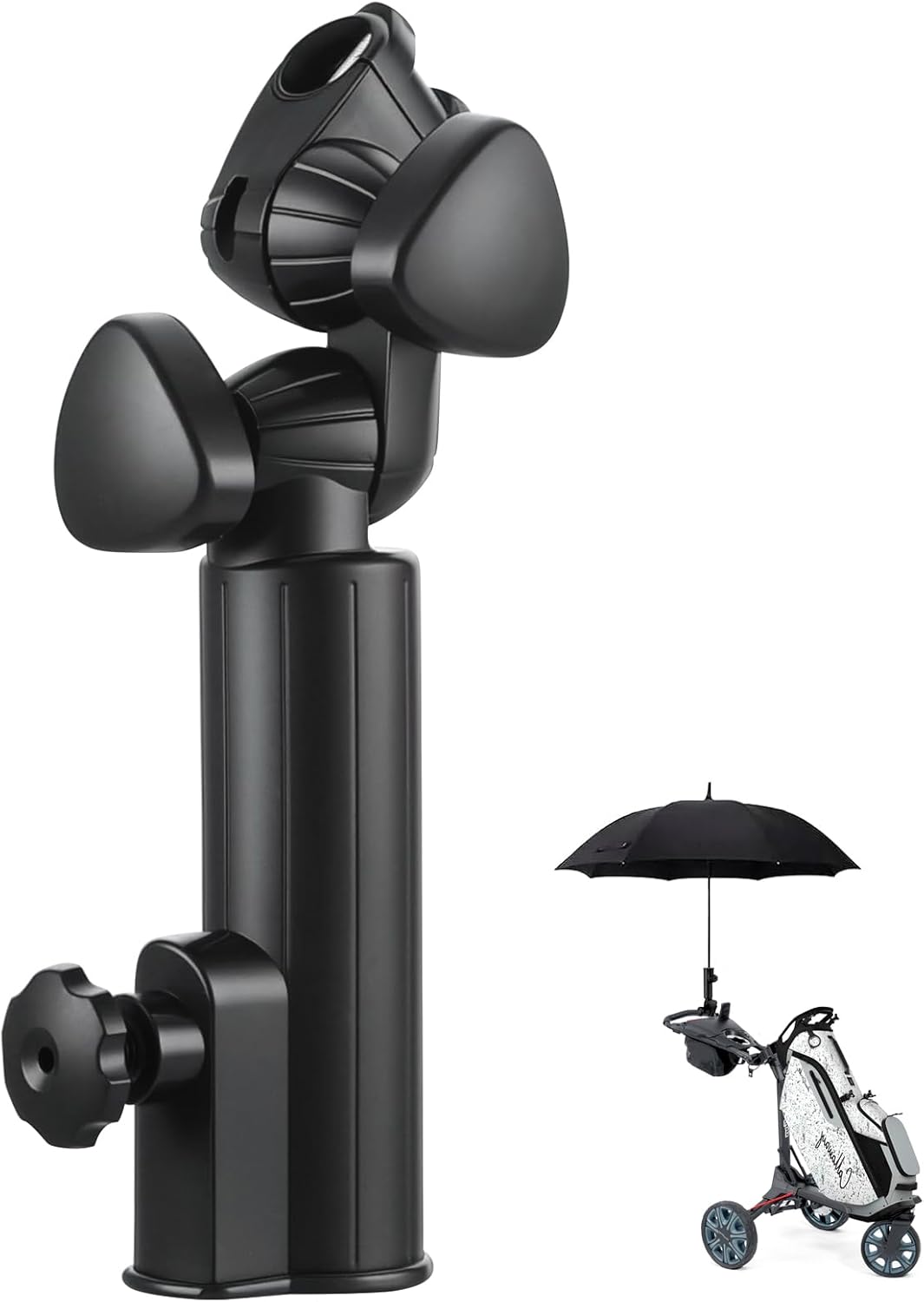 Golf Cart Umbrella Holder Compatible with Bag Boy, Heavy-duty Umbrella Stand, Aluminum Alloy Base Strong Windproof, Universal Mounting for Mobility Scooter, Stroller, Wheelchair, Beach Chair, Black