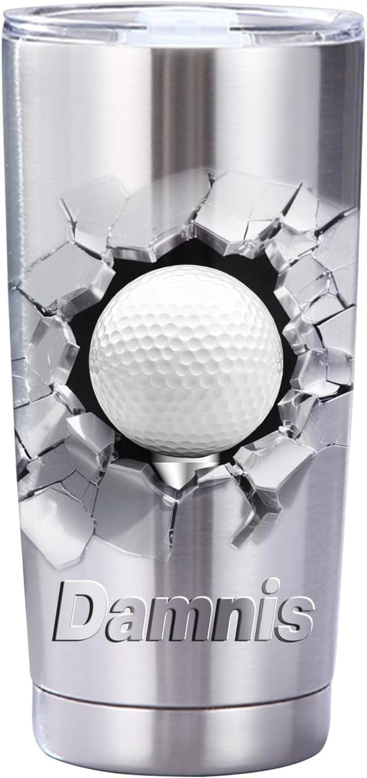 Personalized Golf Ball With 3D Cracked Wall Stainless Steel Silver Tumbler Mug, Custom Name Sport Golf Lovers Player Tumbler Mug,Customized Father's Day Birthday Sport Gift For Dad Men Women