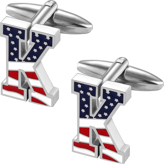 AMITER Initial Cufflinks for Men, American Flag Pattern Cuff Links Men's Shirt Studs Suit Accessories Gift