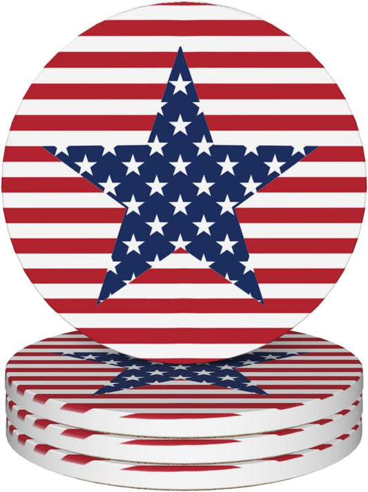 American Stars & Stripes Coasters Set of 4, Round 4" Absorbent Ceramic Stone Coasters with Cork Base, Ideal Table Home Decor & Gifts