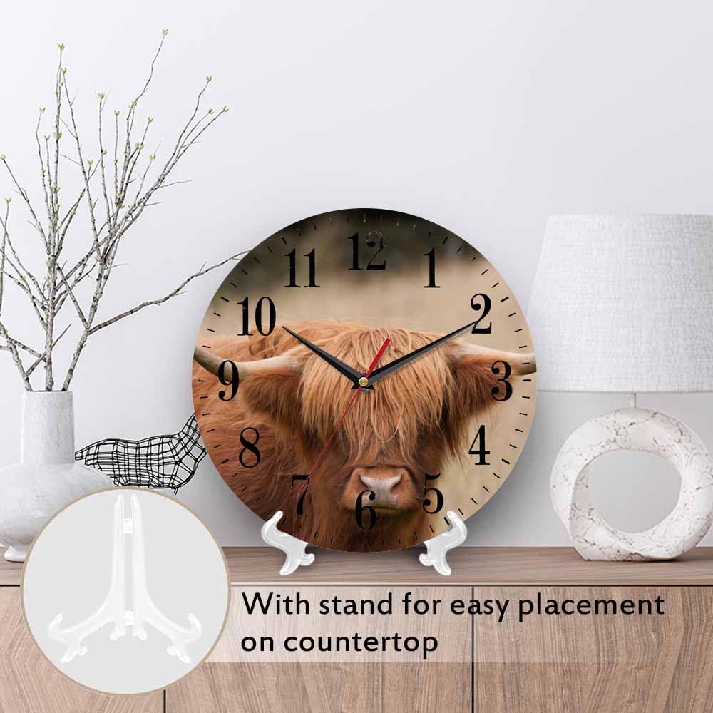 Mxocom Cow Wall Clock Brown Highland Cattle Cow Animal Farming Countryside 10 Inch Silent Non Ticking Battery Operated Clock Vintage Round Clock for Living Room Bedroom Bathroom Office Decor