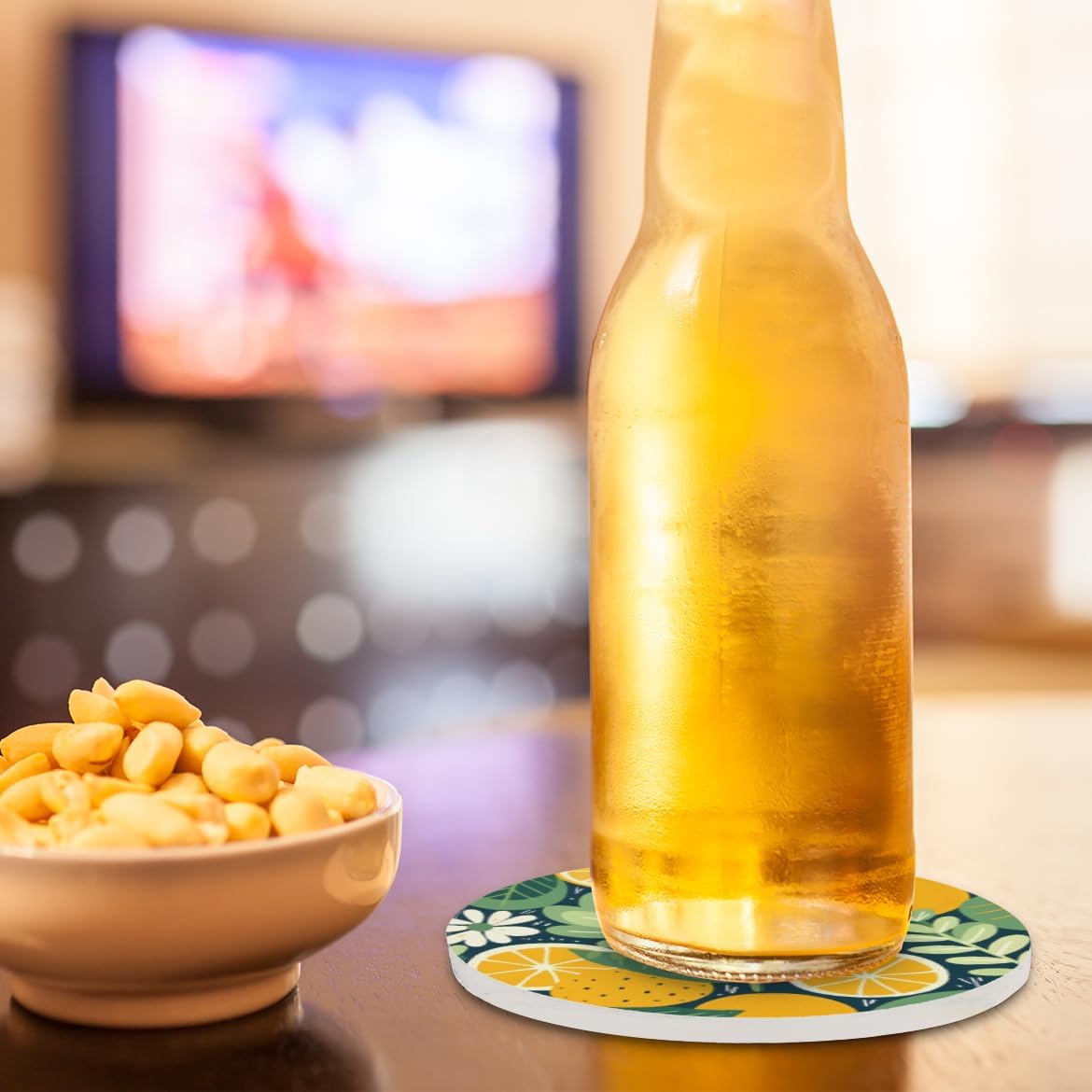 Ceramic Coasters for Drinks with Cork Back, Citrus Greenery 4 Inch Absorbent Coaster Set 1 Pack, Quick Dry Non-Slip Coaster Mats for Home, Office, Bar