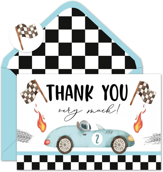 Whaline 24 Pack Race Car Thank You Cards Blue Racing Theme Note Cards with Envelopes Stickers Black White Plaid Greeting Blank Cards for Birthday Baby Shower