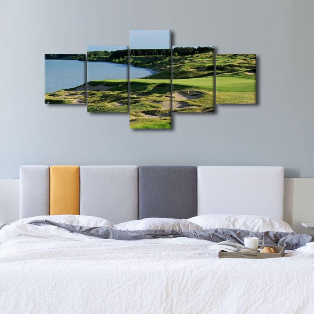 Golf Course Wall Art Canvas Painting Whistling Straits American Home Decor Green Pictures for Living Room Bedroom Office Wall Decorations 5 Piece Set Stretched and Framed Ready to Hang - 50"W x 24"H