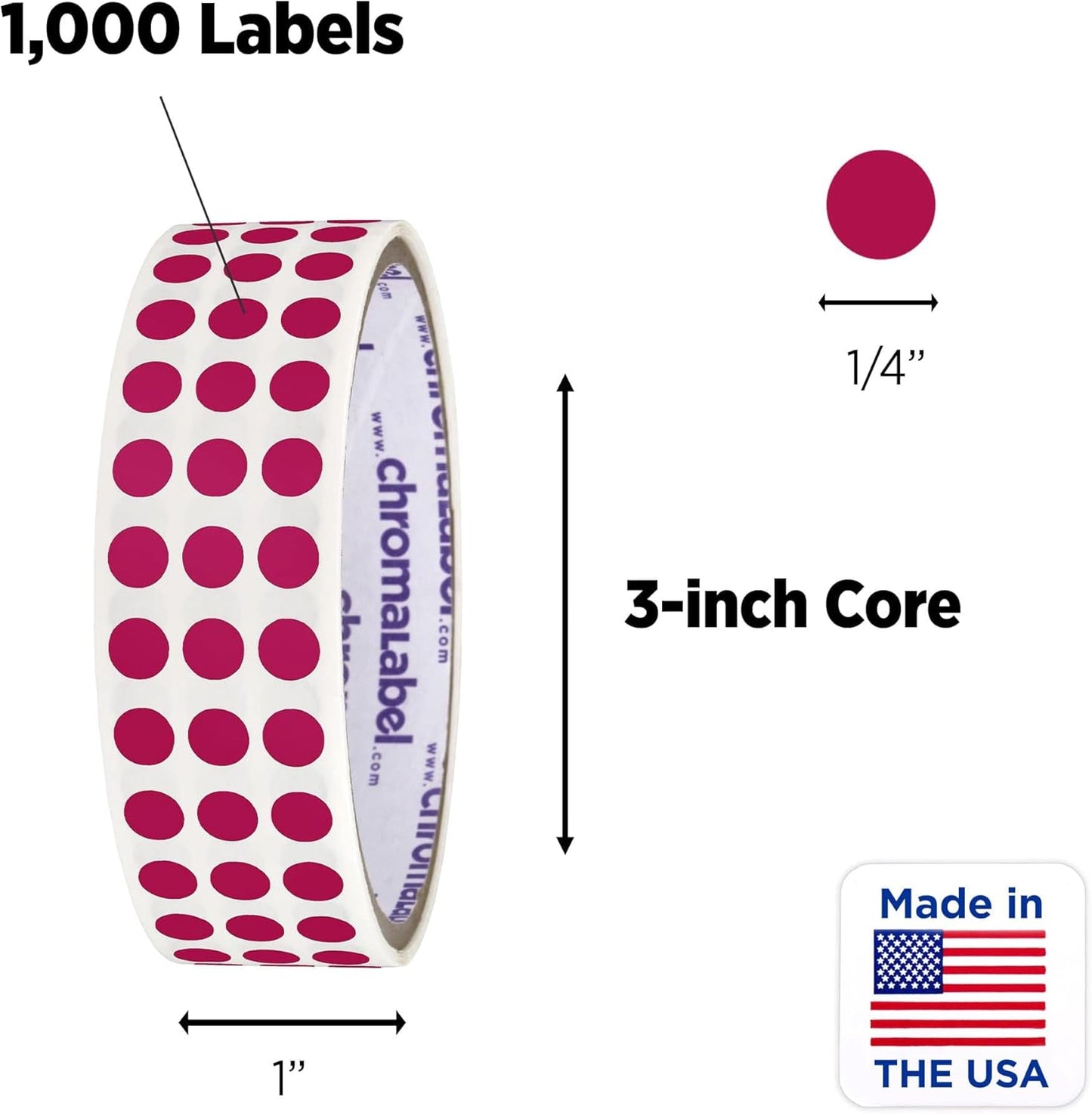 ChromaLabel 0.25 Inch Round Label Permanent Color Code Dot Stickers, 1000 Labels per Roll, Magenta