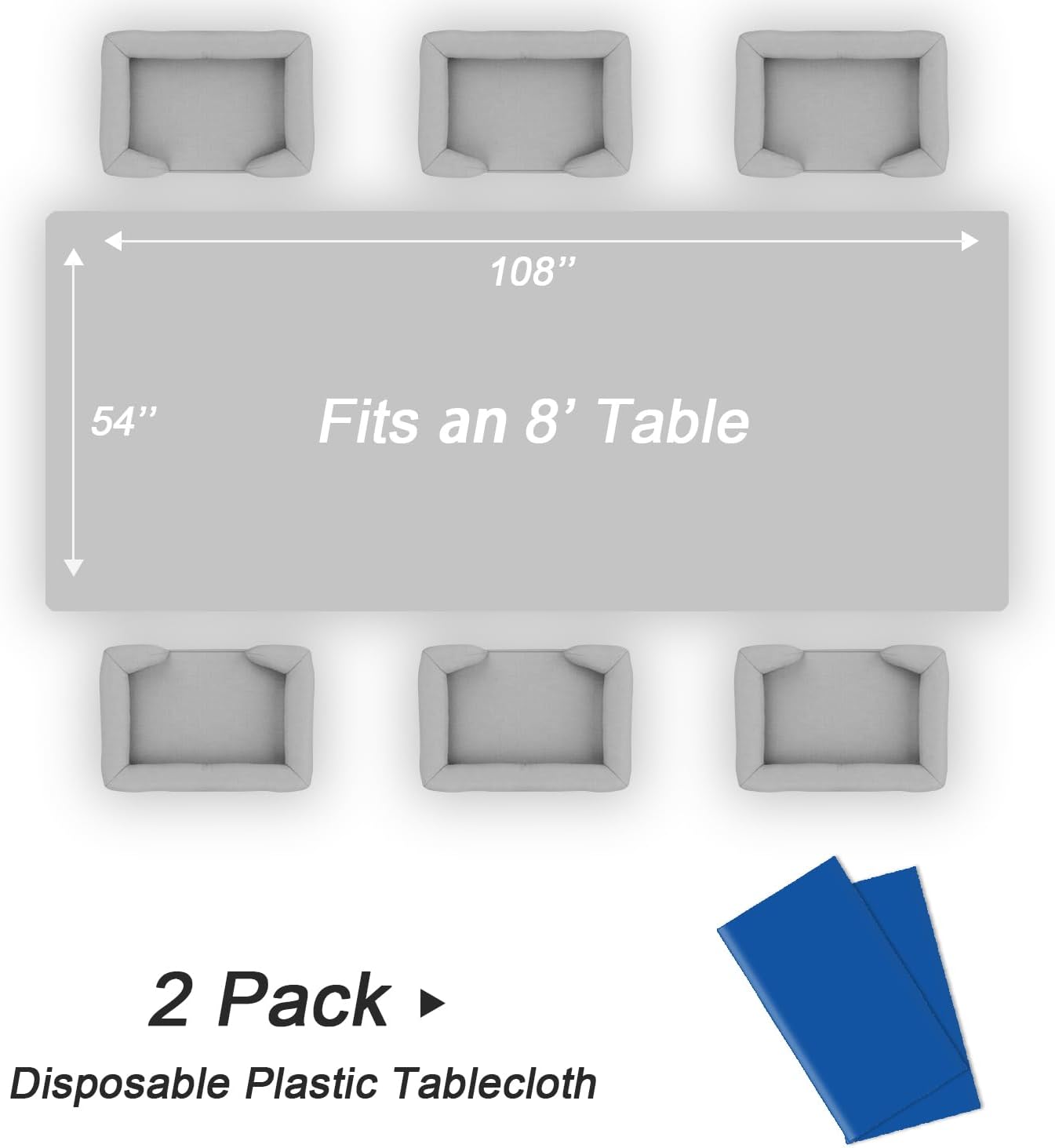 QIKSION Plastic Table Cloth Disposable 2 Pack, 54 x 108 Inch Tablecloths for Rectangle Tables, Blue Plastic Table Cover