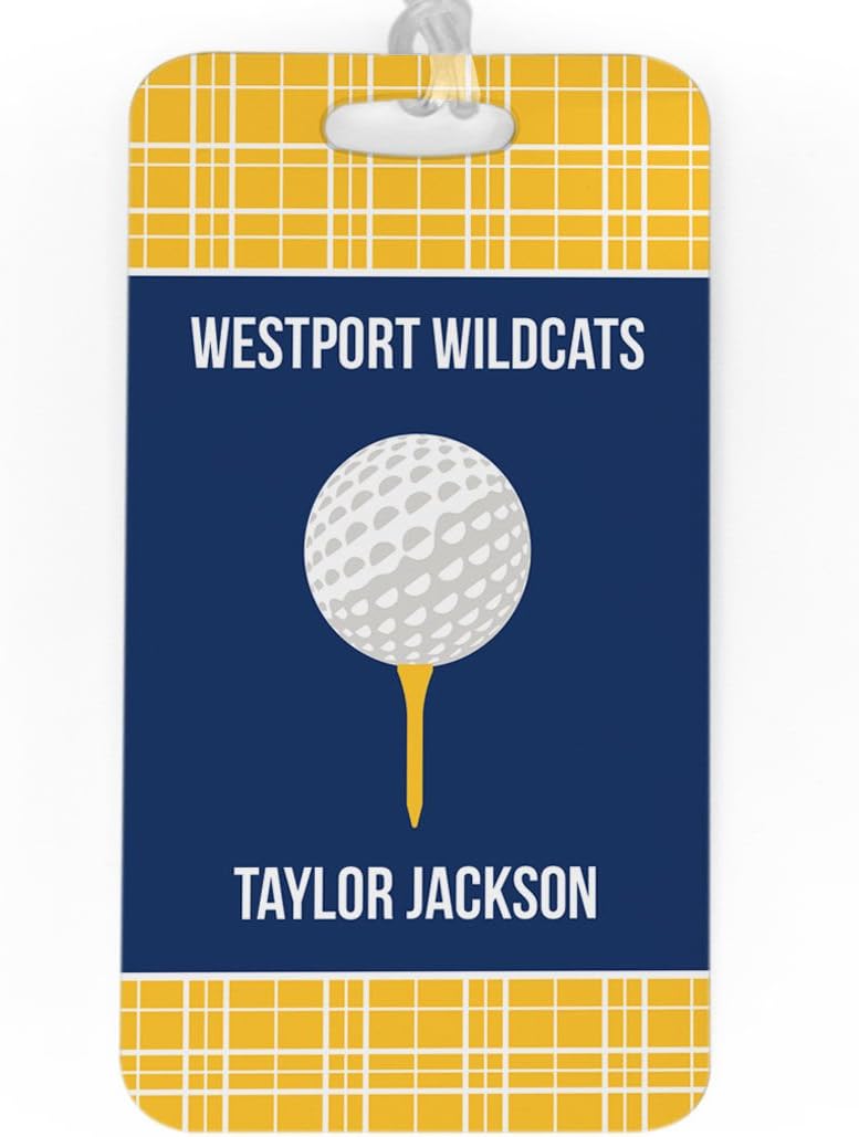 ChalkTalkSPORTS Golf Luggage & Bag Tag | Personalized Team with Golf Ball | Standard Lines on Back | Large | Gold/Navy