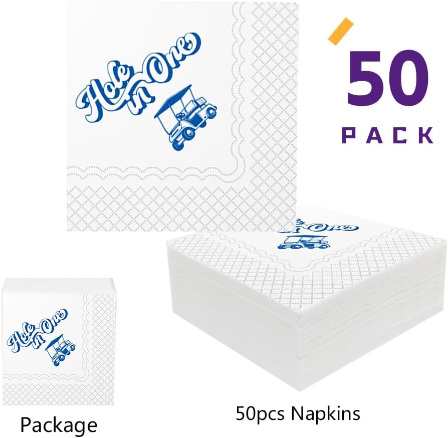 SharkBliss Golf Cocktail Napkins, Hole in One First Birthday Disposable Paper Cocktail Beverage Napkins for Baby Boy Girl 1st Birthday Party Table Decor 2-Ply, 5x5" (50, Hole in One)