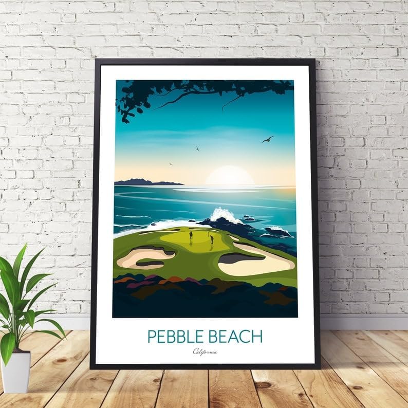 Golf Print - Pebble Beach California - US Open Golf Gift, Pebble Beach Golf Course Poster, California Golf Print, Coastal Golf Art, Golf Landscape Illustration, Sports Wall Decor. (Unframed) (16x24)