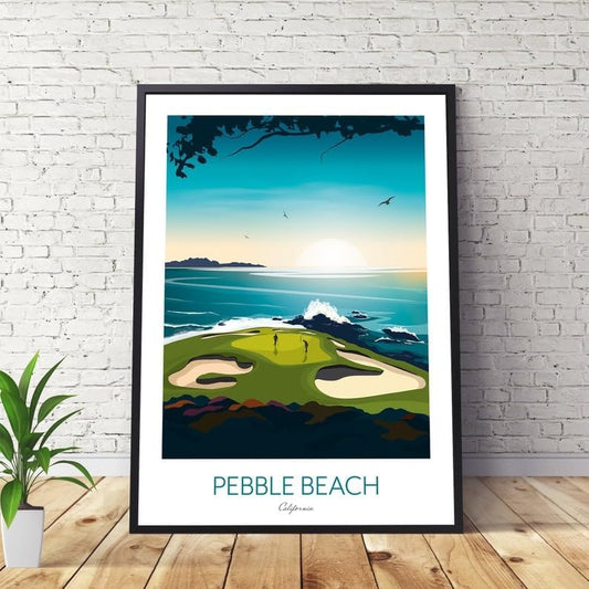 Golf Print - Pebble Beach California - US Open Golf Gift, Pebble Beach Golf Course Poster, California Golf Print, Coastal Golf Art, Golf Landscape Illustration, Sports Wall Decor. (Unframed) (20x30)