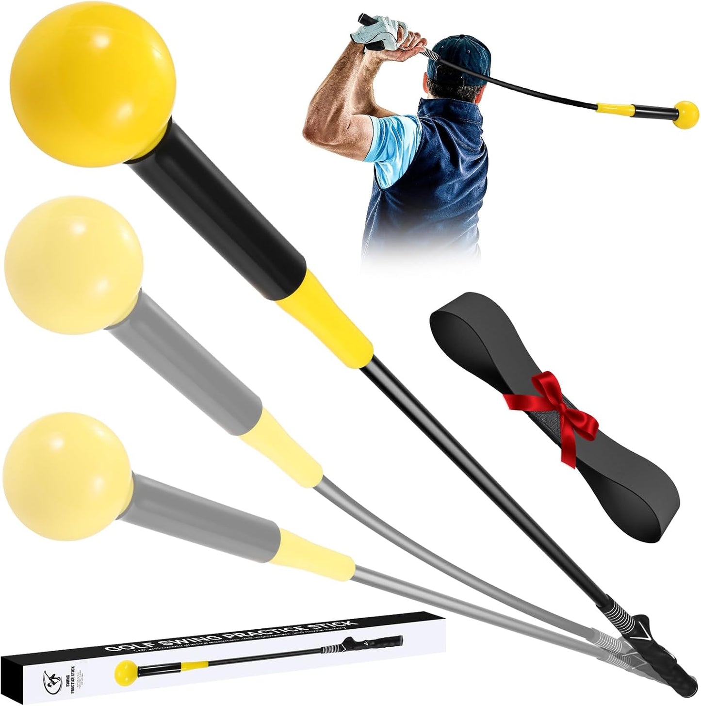 Golf Grip Trainer, Golf Swing Trainer Aid Warm-Up Stick for Strength Grip Tempo & Flexibility Training, Golf Training Aid with Arm Band for Practice Chipping Hitting Golf Accessories (Yellow)