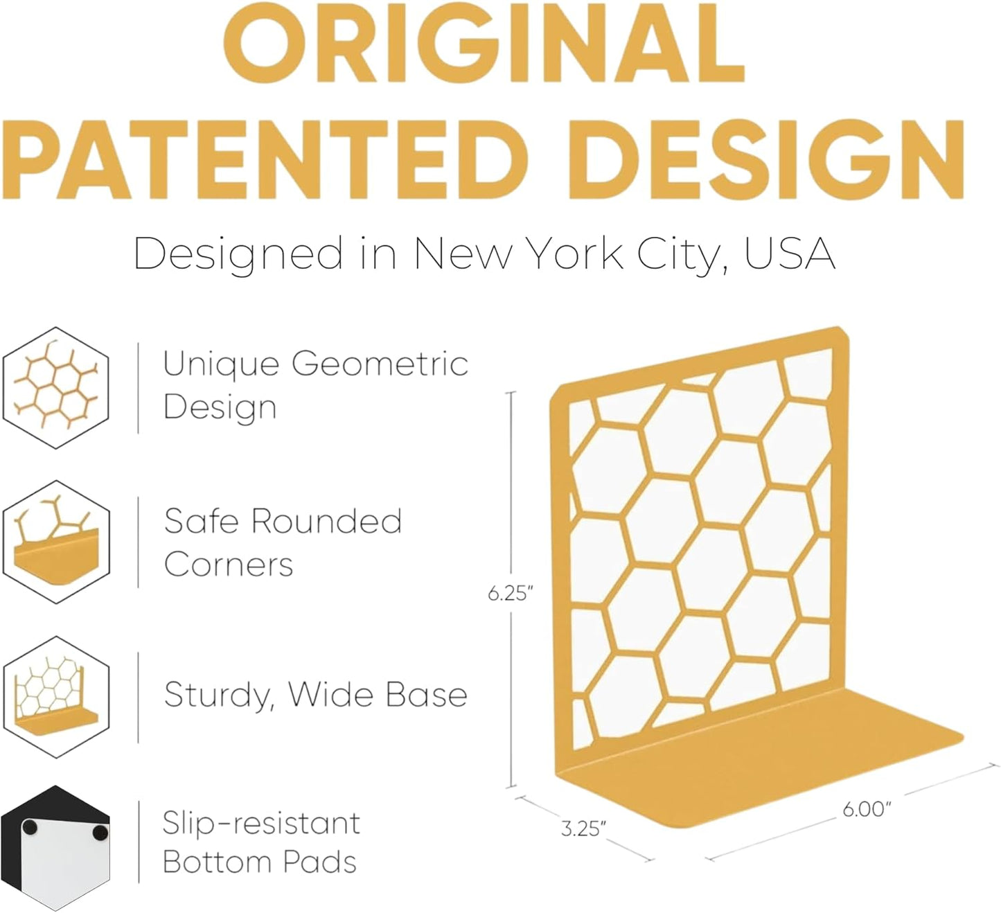 GEOMOD Geometric Honeycomb Gold Metal Bookends Decorative - Tall Sturdy Book Ends for Shelves - Modern Heavy Duty Bookend Stopper - Office or Home Book Shelf Book Holder - 6x3.25x6.25 Inches - 1 Pair