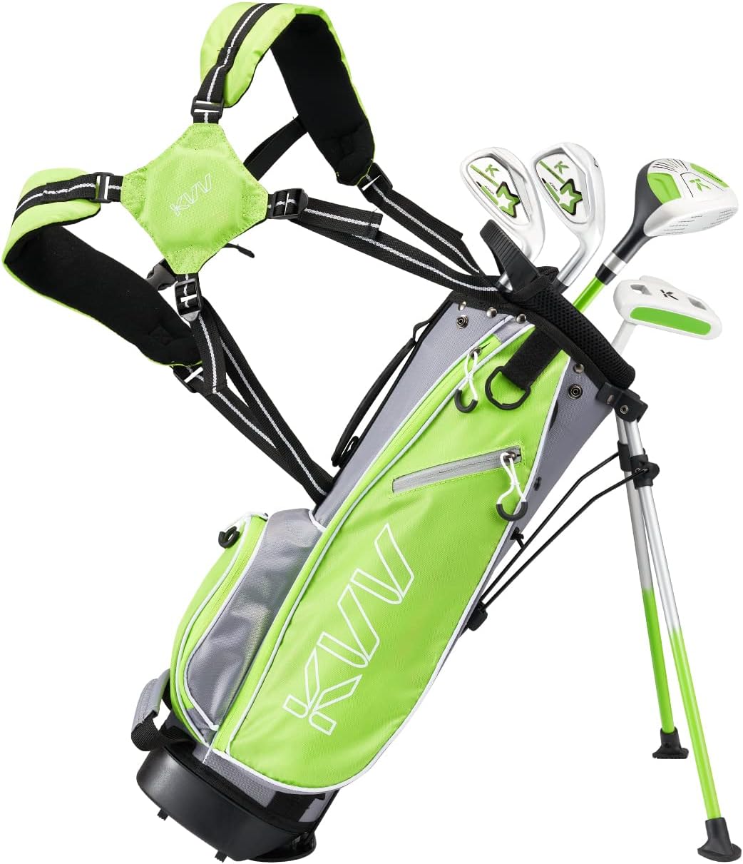 KVV Junior Complete Golf Club Set for Kids/Children Right Hand, Includes Oversize Driver, Irons, Putter, Head Cover, Portable Golf Stand Bag
