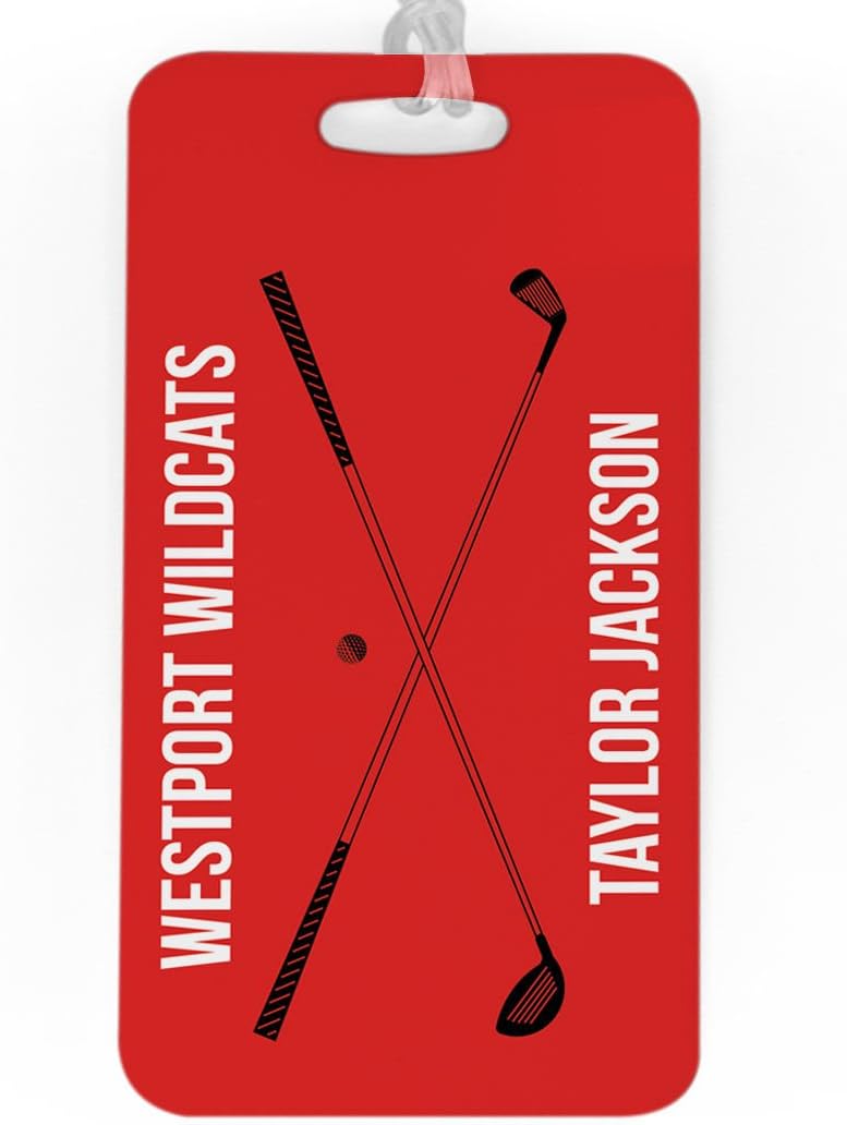 ChalkTalkSPORTS Golf Luggage & Bag Tag | Personalized Crossed Golf Clubs | Standard Lines on Back | Large | Red/Black