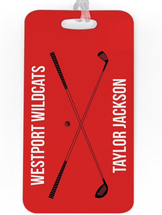 ChalkTalkSPORTS Golf Luggage & Bag Tag | Personalized Crossed Golf Clubs | Standard Lines on Back | Large | Red/Black