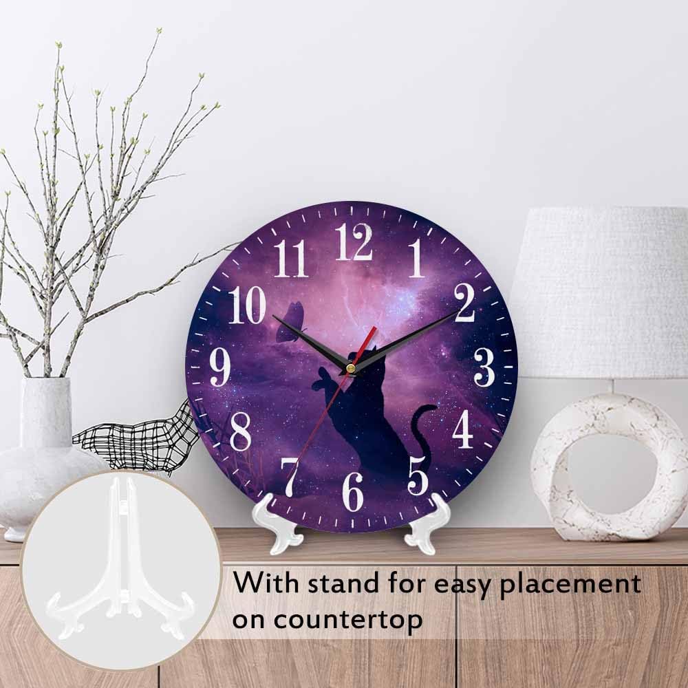 Mxocom Cat Silhouette Wall Clock Butterfly Starry Sky Galaxy Stars Shine Beautiful Night 10 Inch Silent Non Ticking Battery Operated Clock Vintage Round Clock for Living Room Bedroom Bathroom Decor