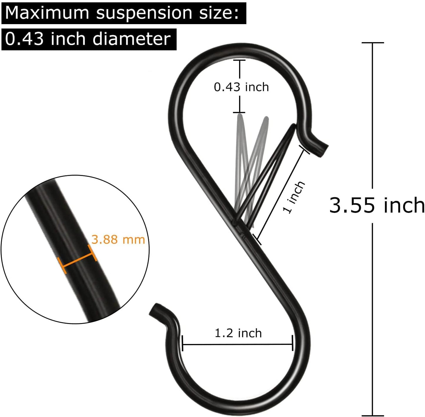 16 Pack Heavy Duty S Hooks with Safety Buckle - S Shaped Hooks for Hanging Plants, Clothes, Kitchen Utensils, Bags (Black)