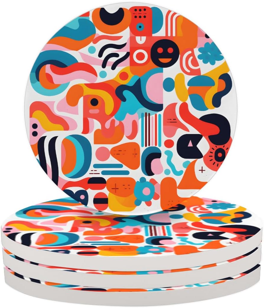 Ceramic Coasters for Drinks with Cork Back,Colorful Abstract Shapes 4 Inch Absorbent Coaster Set 4 Pack, Quick Dry Non-Slip Coaster Mats for Home, Office, Bar