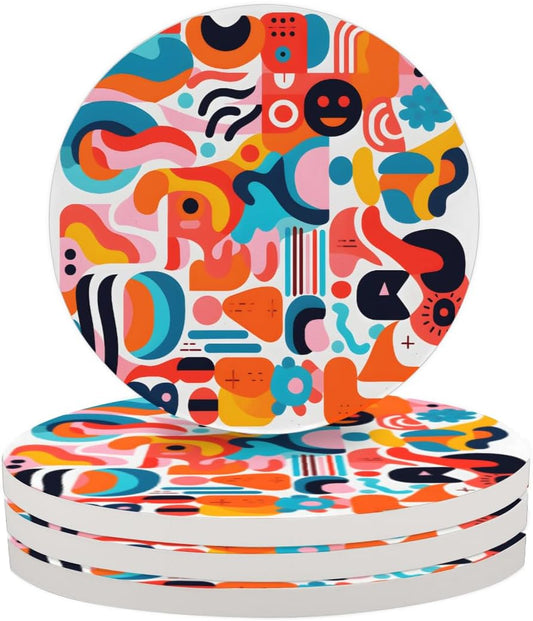 Ceramic Coasters for Drinks with Cork Back,Colorful Abstract Shapes 4 Inch Absorbent Coaster Set 4 Pack, Quick Dry Non-Slip Coaster Mats for Home, Office, Bar
