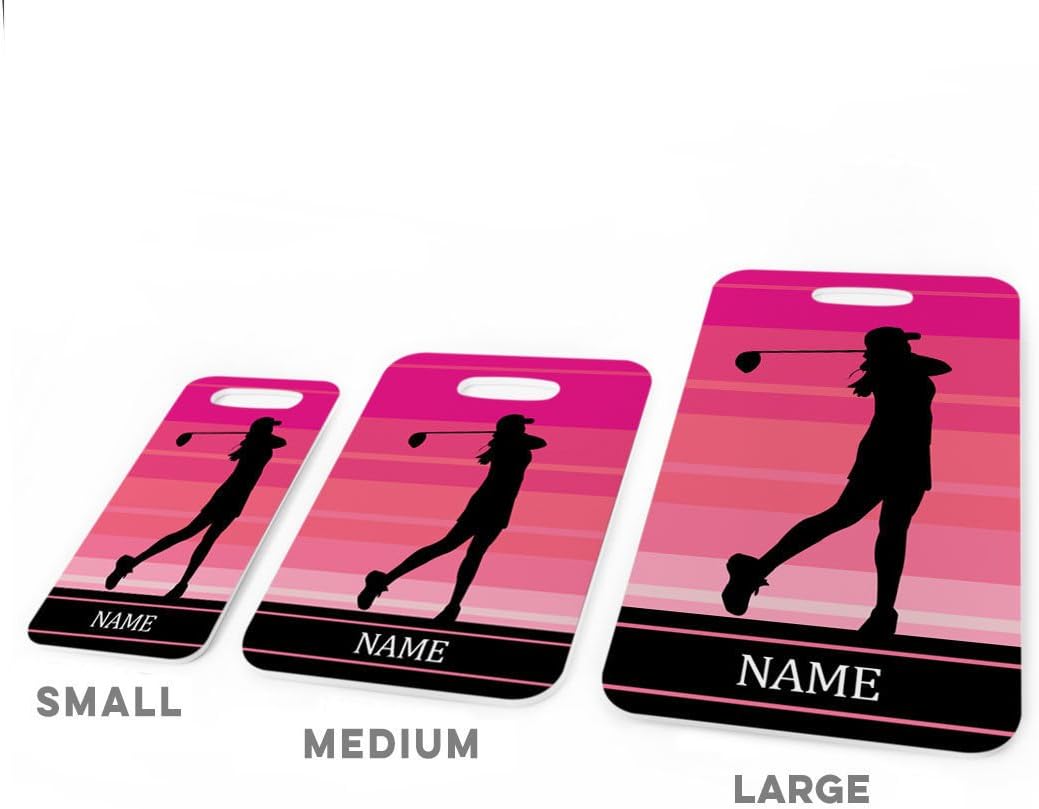 ChalkTalkSPORTS Golf Luggage & Bag Tag | Personalized Female Golfer | Standard Lines on Back | Small | Pink