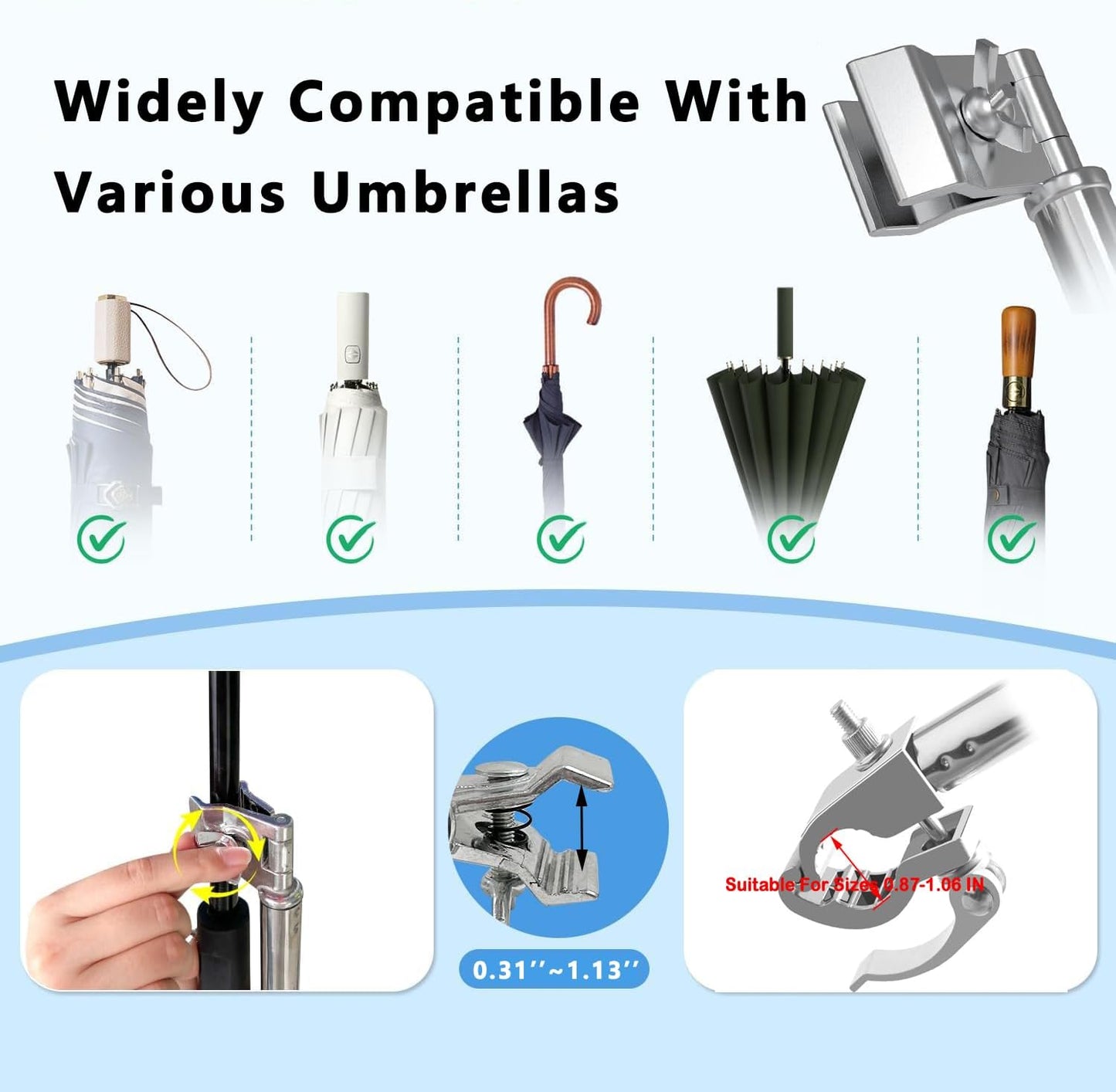 Wheelchair Umbrella Mount Holder, 360° Adjustable & One-Key Lock, Wheelchair Accessory, Fits 22-27mm Handlebars for Strollers, Golf Carts, Wheelchairs