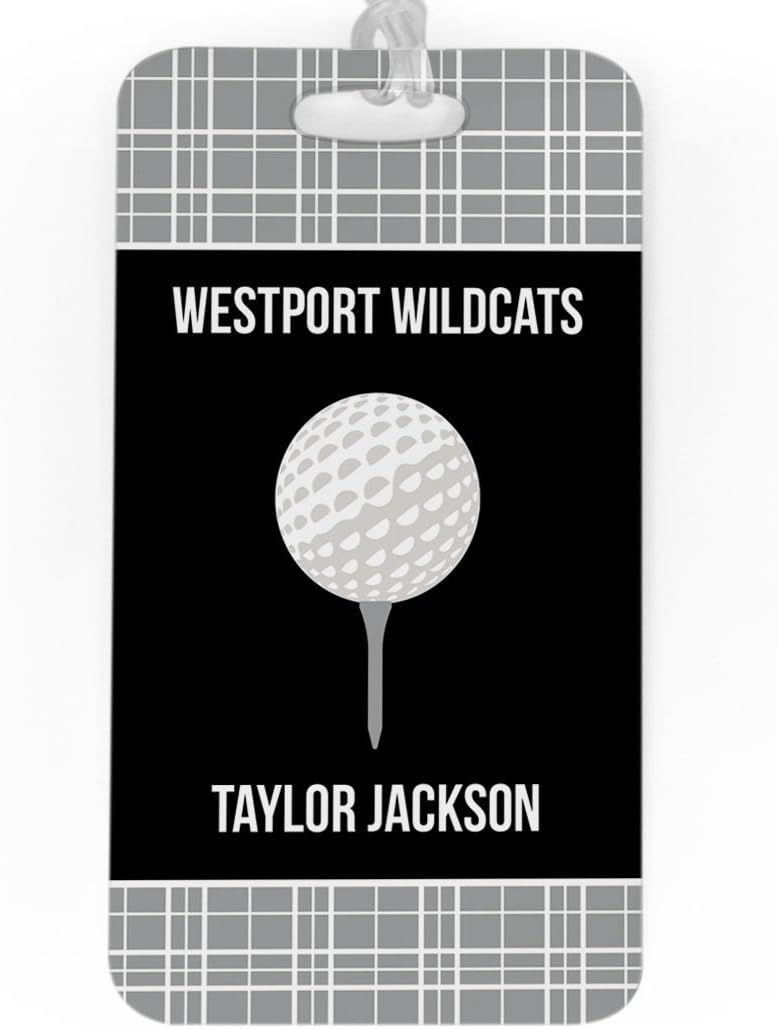 ChalkTalkSPORTS Golf Luggage & Bag Tag | Personalized Team with Golf Ball | Standard Lines on Back | Large | Gray/Black
