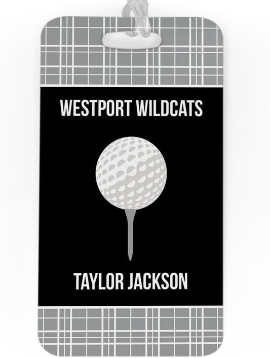 ChalkTalkSPORTS Golf Luggage & Bag Tag | Personalized Team with Golf Ball | Standard Lines on Back | Large | Gray/Black