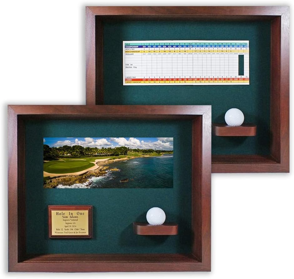 Hole in One Shadowbox and Golf Ball Display Case | Personalized Engraved Plate | Holds Golf Ball and Scorecard or Photo | Horizontal Layout | Cherry Finish | Wall Mounted