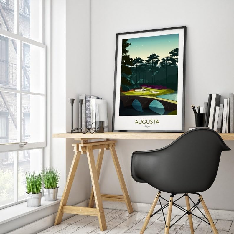 Nationcog Augusta Golf Print - The Masters; Golden Bell 12th Hole; Scenic Golf Course Wall Art; Vintage Augusta Golf Print; Augusta Georgia Landscape Poster (Unframed) (9x11)