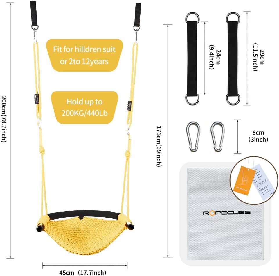 Hand-Knitting Toddler Swing, Swing Seat for Kids with Adjustable Ropes, Little tikes Swings Set, for Outdoor Indoor, Playground, Backyard (Yellow)