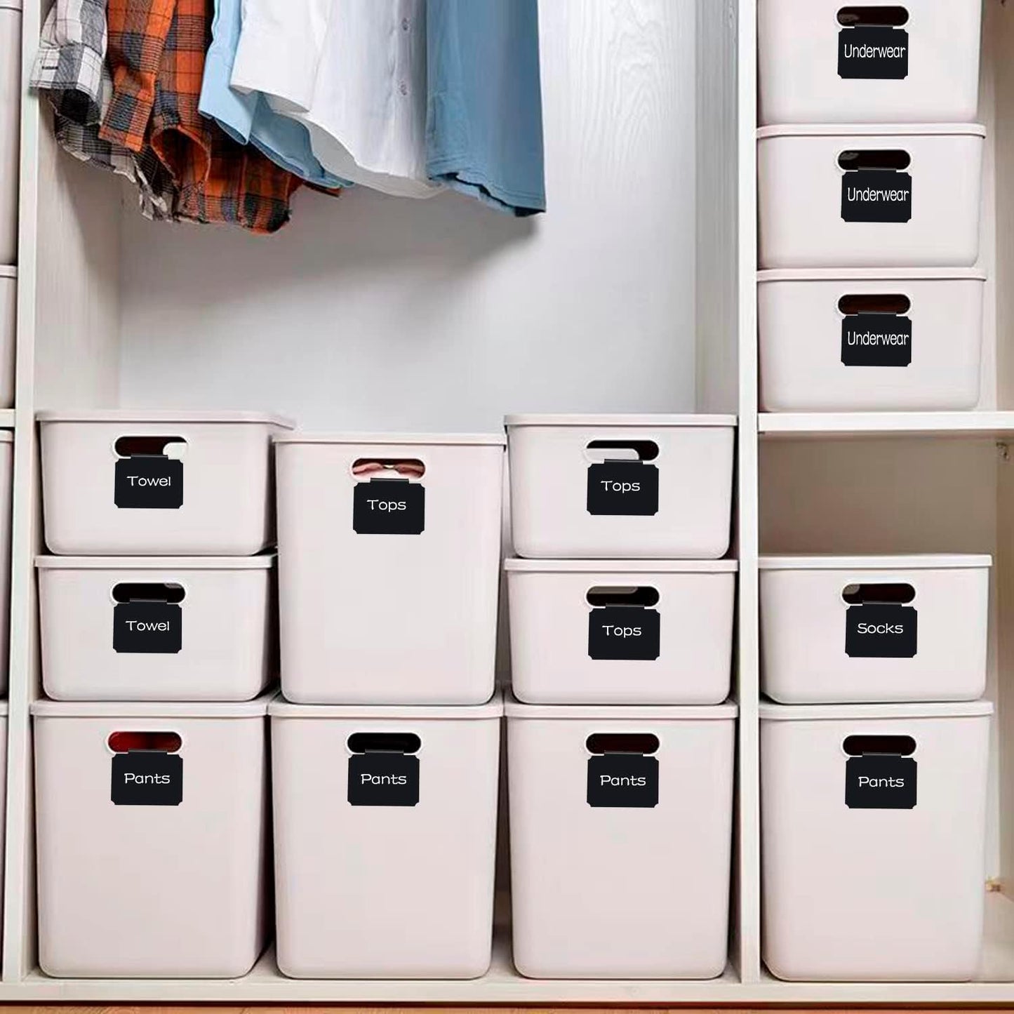 20 Basket Labels Clip On, Reusable Labels for Storage Bins, Removable Chalk Labels for Containers, Kitchen Closet Baskets and Storage Basket Holders with 2 White Chalk Markers