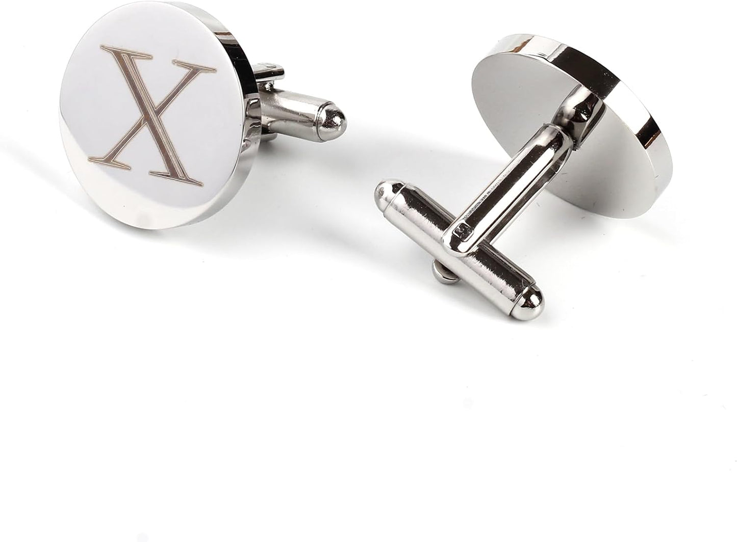 Mens Initial Silver Cufflinks A-Z Alphabet Letter Steel Cuff Links with Engraved Walnut Wood Box Groom Groomsman Wedding Set…