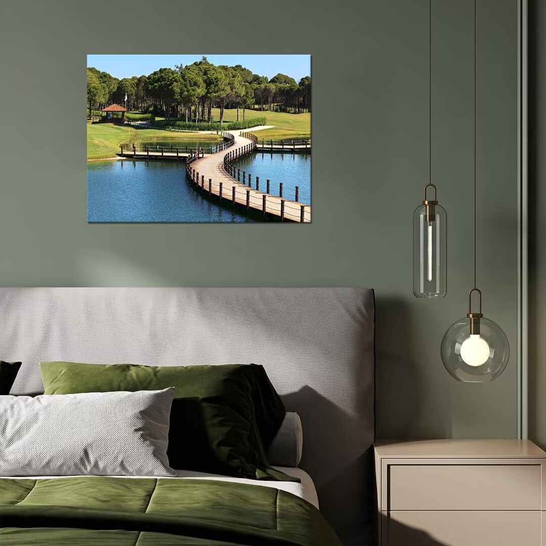 HJY Art USA Golf Course Wall Art Pictures Golf Club Wall Decor Blue Green Painting Poster for Home Decor Living Room Bedroom Bathroom Office Gym Landscape Framed Artwork Ready to Hang (28 x 44 inch)