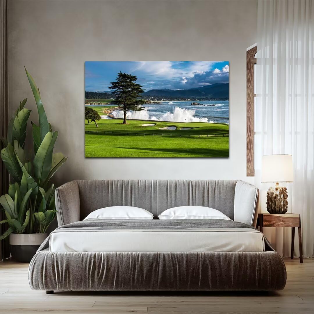 HJY Art USA Golf Course Wall Art Pictures Golf Landscape Wall Decor Blue Green Painting Poster for Home Decor Living Room Bedroom Bathroom Office Gym Framed Artwork Ready to Hang (18 x 24 inch)