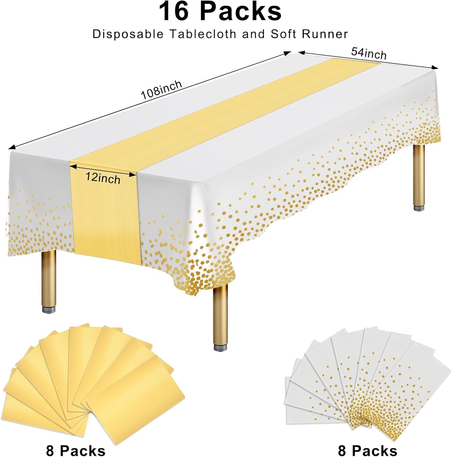 16 Packs Plastic Table Cloth Rectangle Table Runner, Disposable and Satin, White and Gold Tablecloth Cover for Birthday, Wedding, Anniversary, Christmas, New Year, Party Decorations