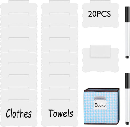 Basket Labels Clip, Include 20 Kitchen Clip Label Holder Removable PVC Bin with 2 Chalk Marker for Basket Pantry Organization -White