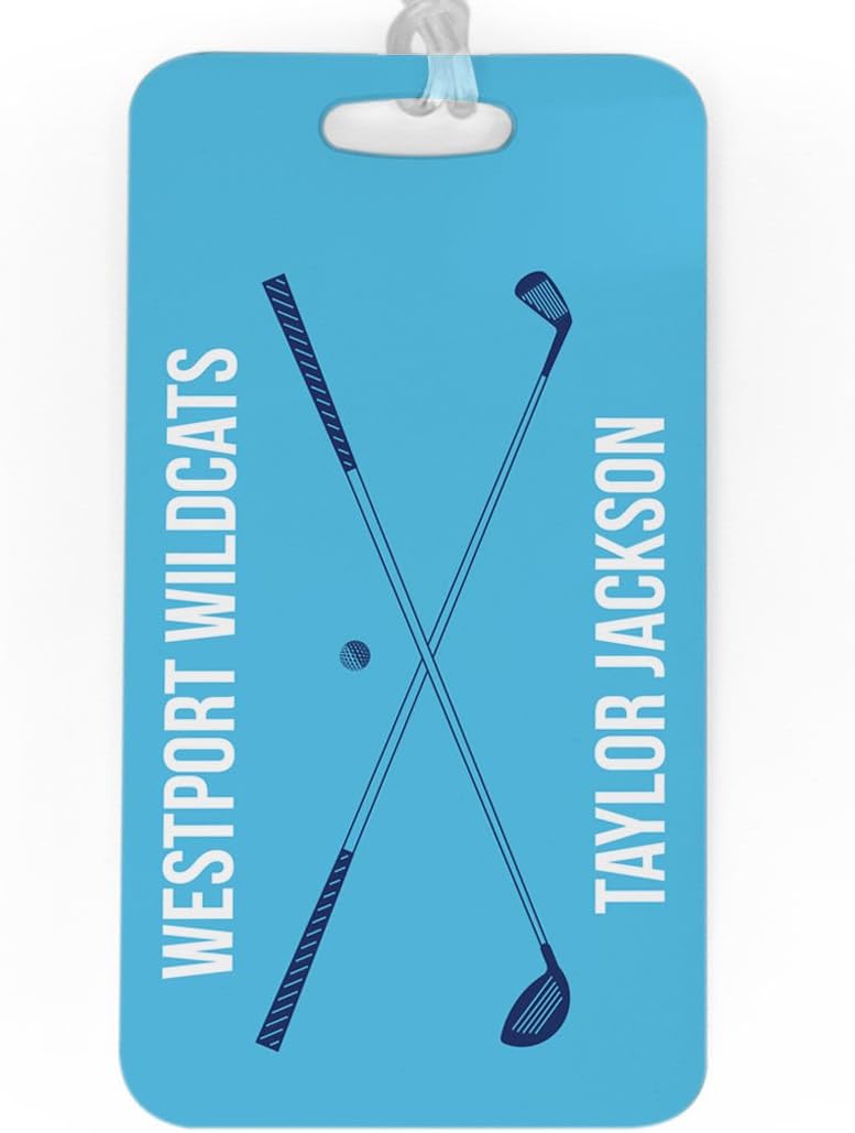 ChalkTalkSPORTS Golf Luggage & Bag Tag | Personalized Crossed Golf Clubs | Standard Lines on Back | Large | Carolina/Navy