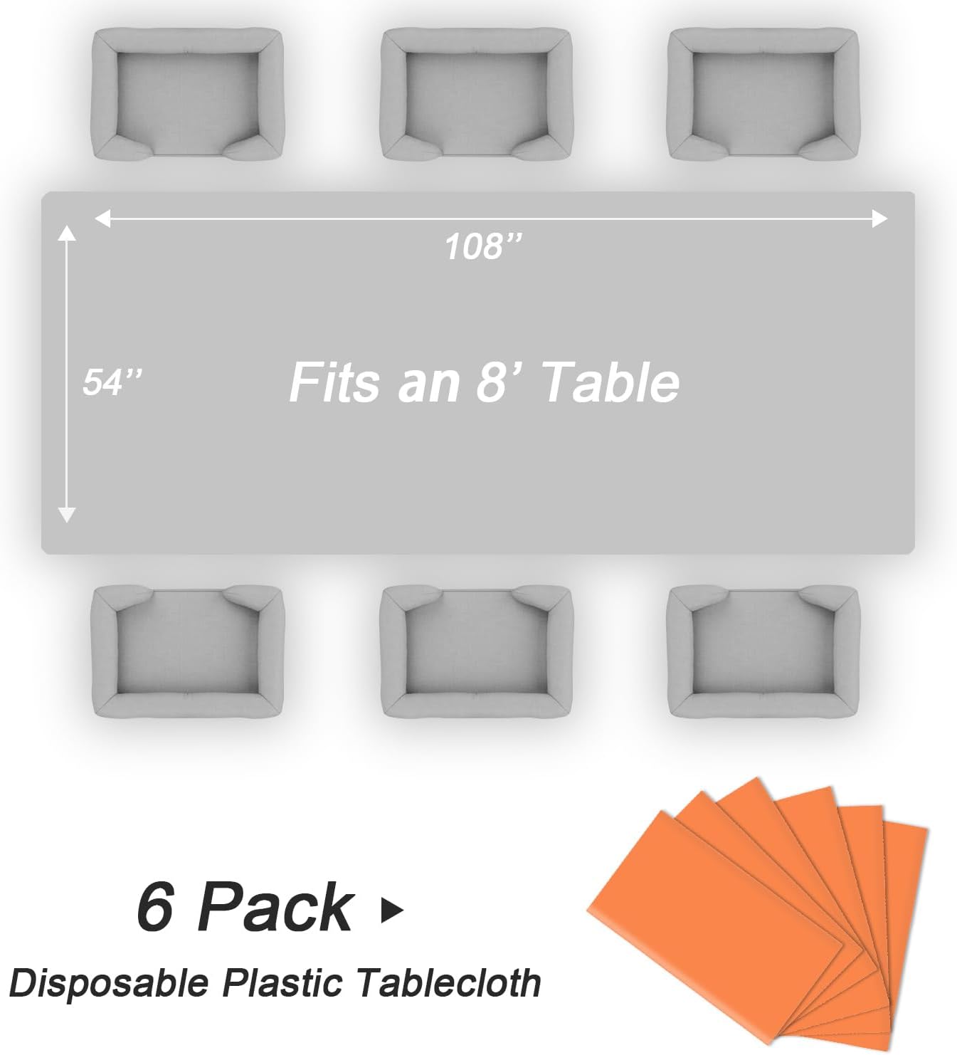 QIKSION Plastic Table Cloth Disposable 6 Pack, 54 x 108 Inch Tablecloths for Rectangle Tables, Orange Plastic Table Cover