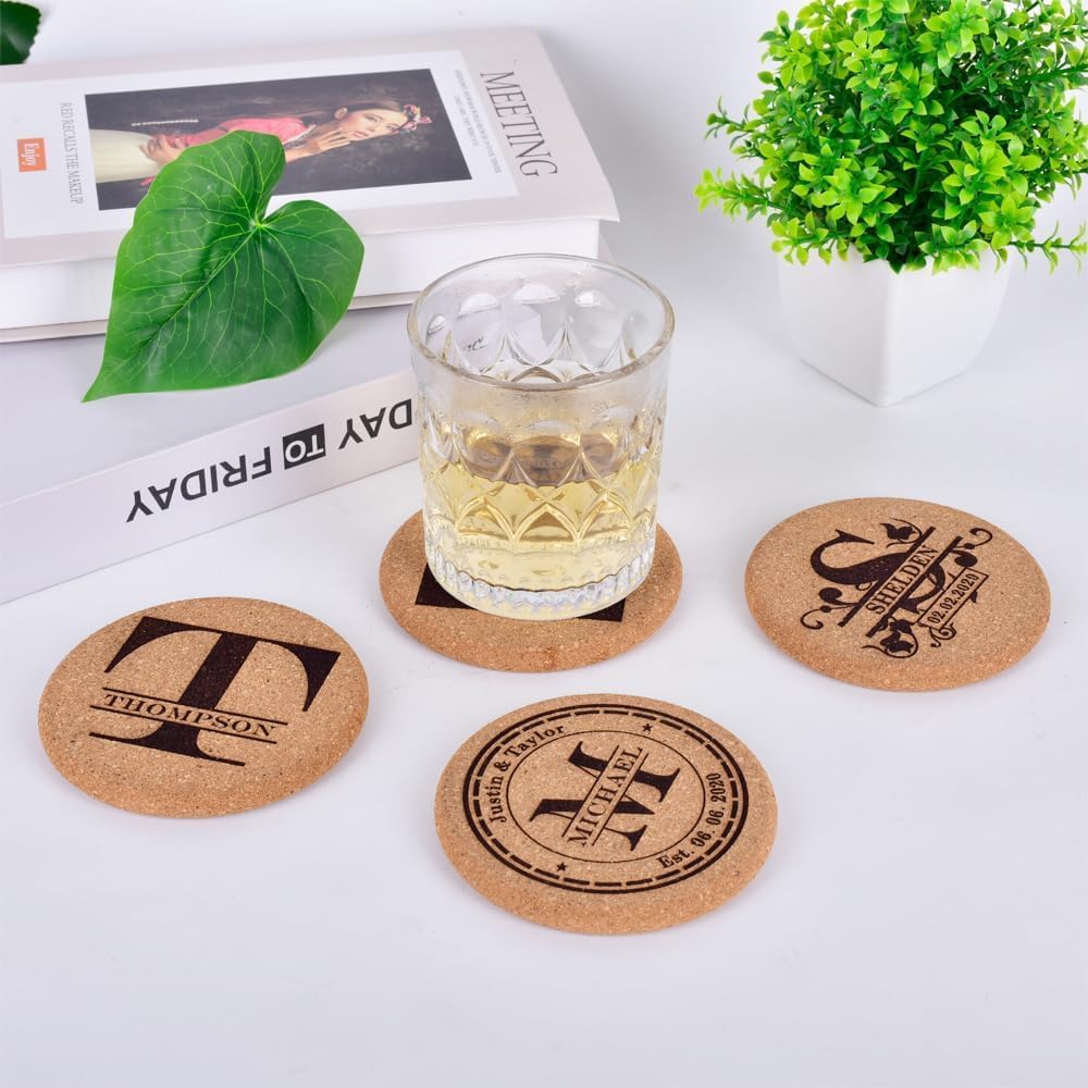 Personalized Cork Coasters for Drinks, Custom Engraved Absorbent Heat & Water Resistant Coasters for Cups and Mugs (M)