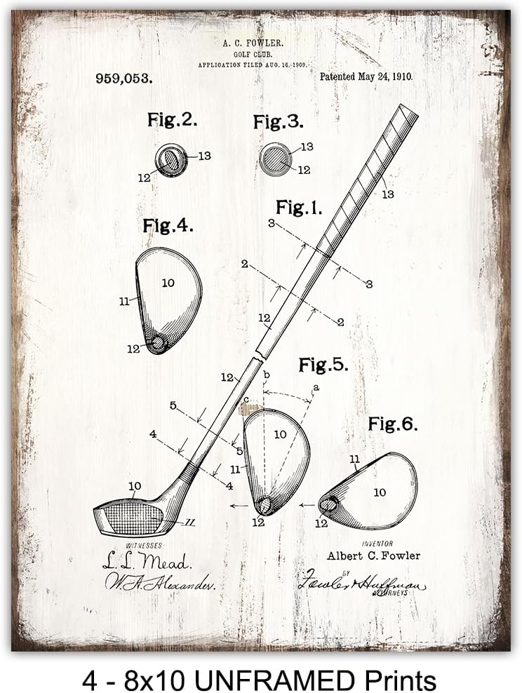 Golf Balls, Clubs, Tees, Bags Patent Print Wall Art - Rustic Room Decor for Office, Man Cave, Den, Living Room - Gift for Men, Teens, Guys, Golfing Sports Fan, Golfer - Sign Print Photo Plaque Set